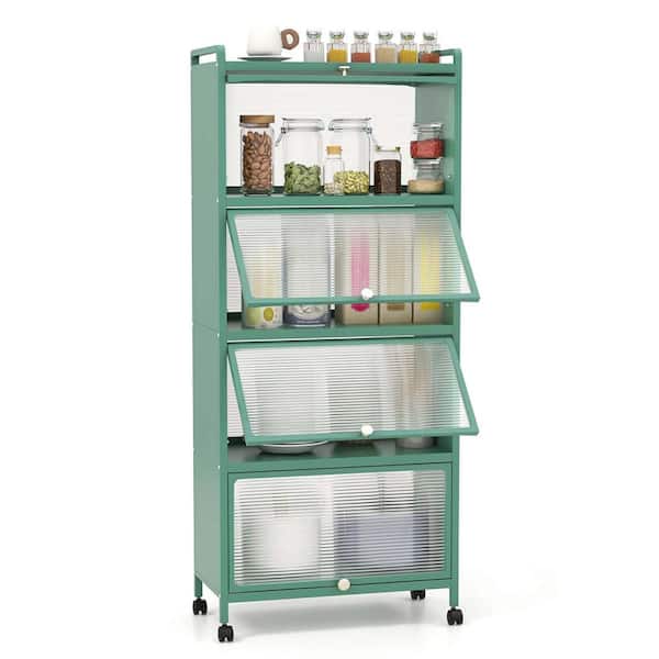 Green 5+-Tier Metal 23.5 in. W Kitchen Baker's Rack Storage Cabinet Mobile Microwave Stand Flip-Up Doors
