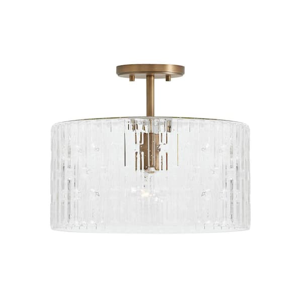 Emerson 15 in. 1-Light Aged Brass Dual Mount Semi-Flush or Pendant Light with Embossed Seeded Glass, No Bulbs Included
