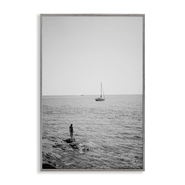 Stupell Industries Standing On Edge Seascape by LSR Design Studio Gray Framed People Giclee Art Print 30 in. x 20 in.