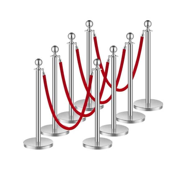 Stanchions and Velvet Ropes 8 Pcs, Hollow Base with Stainless Steel Post, 4 Red Velvet Ropes and Posts