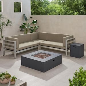 Belgian Teak Brown 6-Piece Wood Patio Fire Pit Seating Set with Beige Cushions