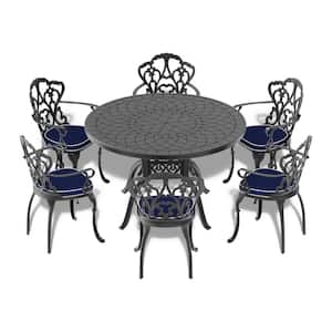 Lily Black 7-Piece Cast Aluminum Outdoor Dining Set with Round Table and Dining Chairs with Random Color Cushion