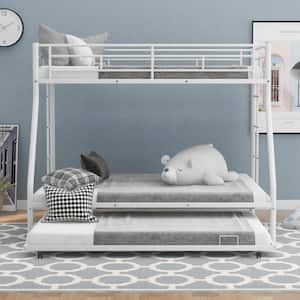 White Metal Twin Over Full Kids Bunk Bed with Twin Trundle, Heavy Duty Metal Bunk Bed Frame with Guardrail and 2 Ladders