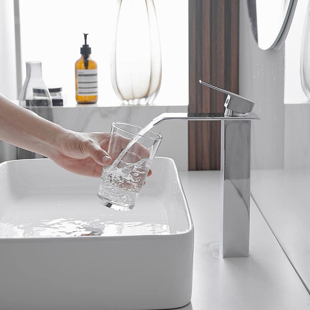 Polished Chrome Waterfall Vessel Sink Faucet with Pop-Up Drain