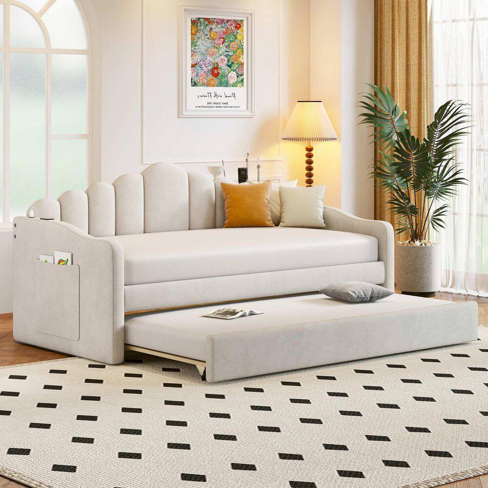 Beige Twin Size Daybed with Trundle, Velvet Sofabed with USB Charging Ports