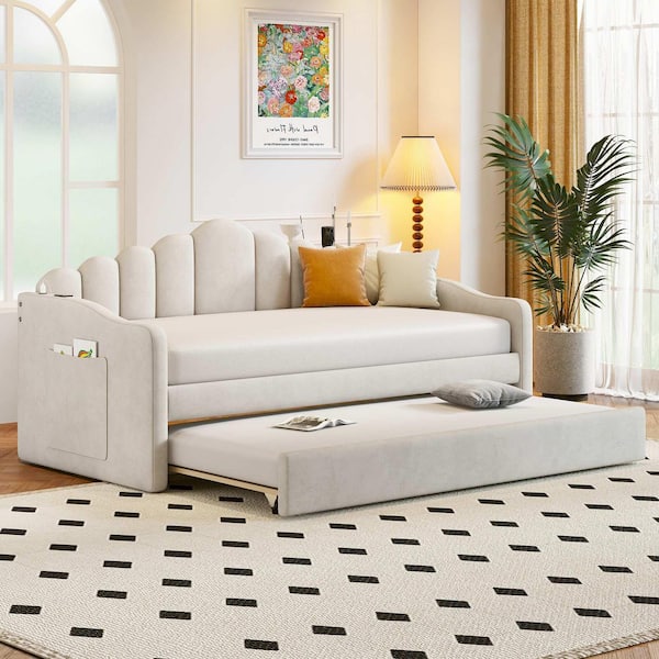 Beige Twin Size Daybed with Trundle, Velvet Sofabed with USB Charging Ports