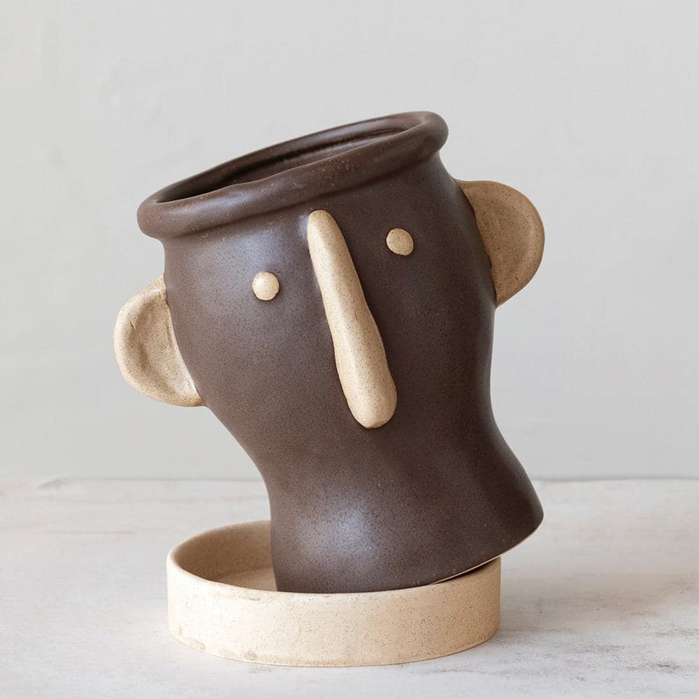 Matte Black and Cream Stoneware Face Planter with Saucer