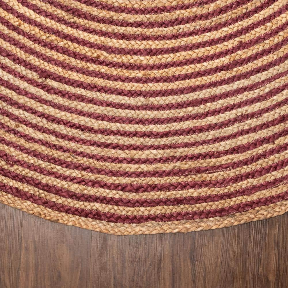 Braided Burgundy and Natural Jute Round Area Rug, 8'