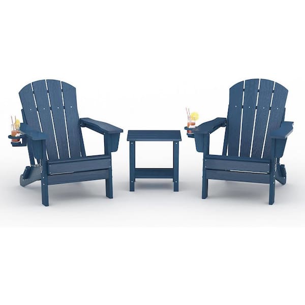 Folding Adirondack Chair Set of 2 with Side Table, Wood Texture HDPE Portable Patio Chair with Cup Holder, Navy Blue
