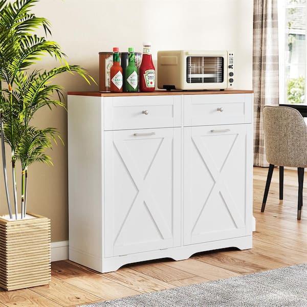 White 46 in. Trash Bin Cabinet Tilt Out Garbage Cabinet w/ Anti-Tipping Kit and Adjustable Shelves