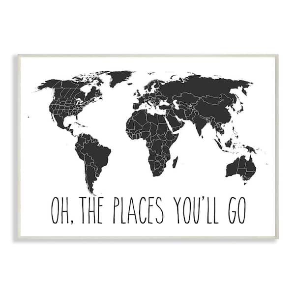 Stupell Industries 12.5 in. x 18.5 in. "Black and White Map Oh The Places You'll Go Typography" by Artist Lettered and Lined Wood Wall Art