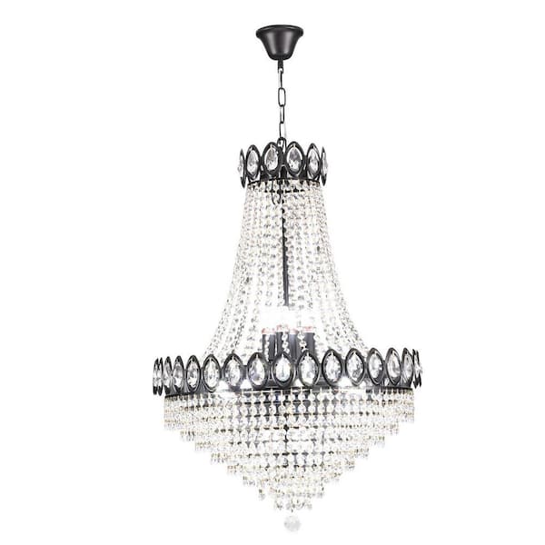 OUKANING 24 in. 14-Light Black Modern Luxury Empire Style Adjustable Chain Crystal Chandelier with Crystal Shade