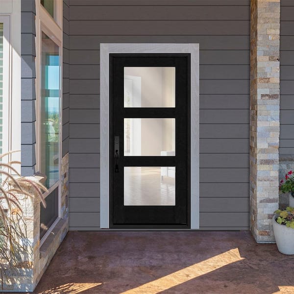 Regency 32 in. x 80 in. Modern 3Lite Equal Clear Glass RHIS Onyx Stain Mahogany Fiberglass Prehung Front Door