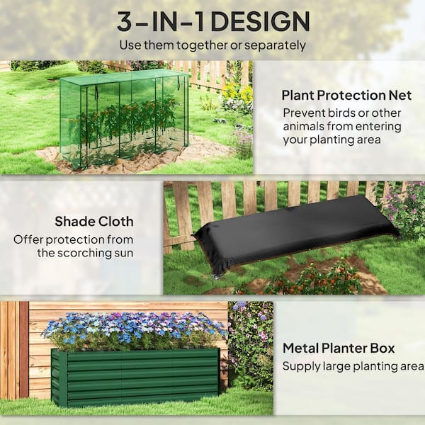 Outsunny - 70.9 in. x 23.6 in. x 22.6 in. Galvanized Steel Raised Garden Bed with Net Cover and Roof, Metal Planter Box, Green