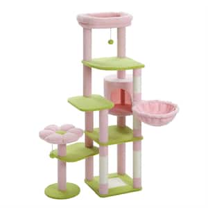 59" Pink Multi-Level Cat Tower Tree with Removable Pompom Sticks, Hammock Cat Condo, Scratching Post and 2 Perches