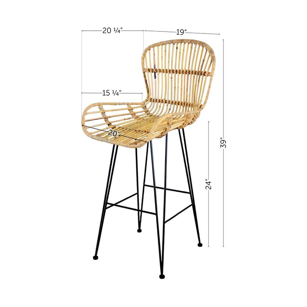 Balka Rattan and Black Metal Counter Stools with Armrests, Set of 2