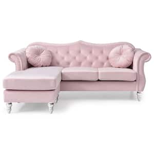 Hollywood 81 in. Round Arm Velvet Specialty Tufted L Shaped Sofa in Pink