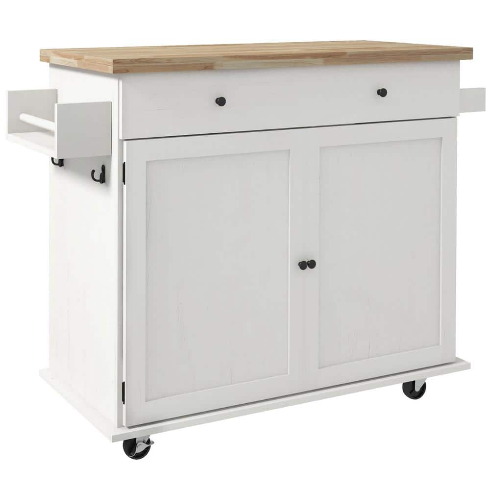 Distressed White Rubberwood Kitchen Cart with Spice Rack and Storage