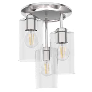 8.75 in. 3-Light Silver Farmhouse Semi-Flush Mount with Shade and No Bulbs Included