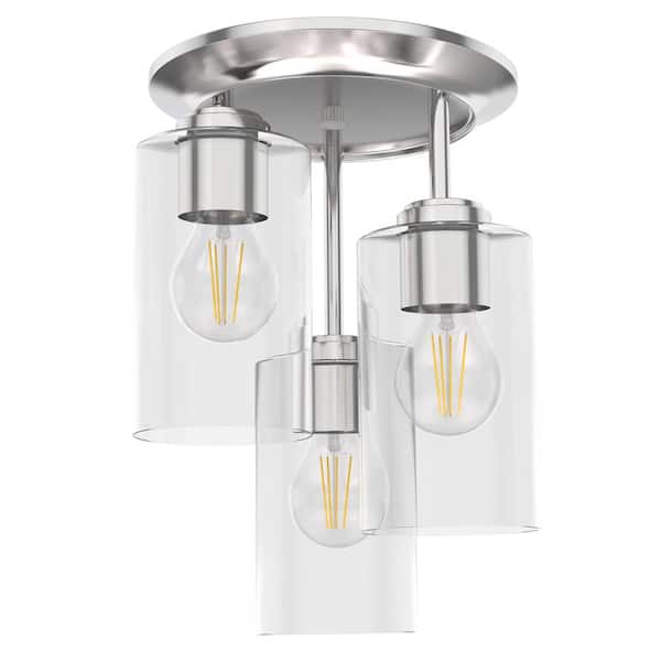 JAZAVA 8.75 in. 3-Light Silver Farmhouse Semi-Flush Mount with Shade and No Bulbs Included