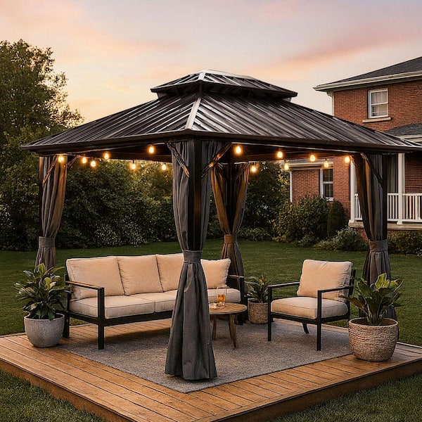 10 ft. x 12 ft. Black Outdoor Aluminum Hardtop Gazebo with Metal Roof Pergola, Netting, and Curtain