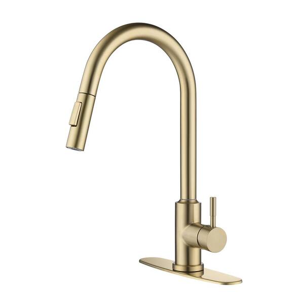 Tahanbath Single Handle Wall Mount Gooseneck Pull Down Sprayer Kitchen Faucet with Deckplate Included and Handle in Brushed Gold