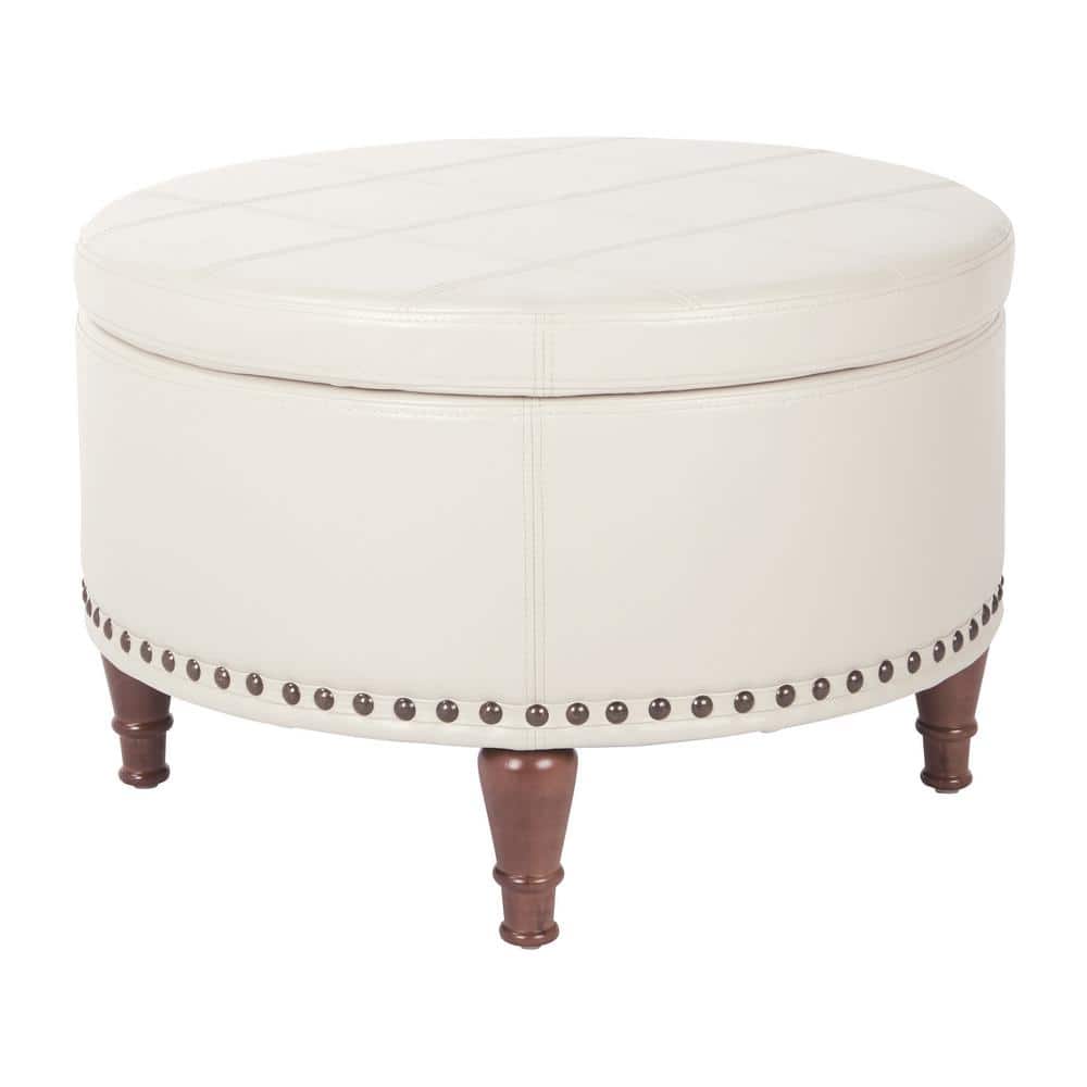Alloway Cream Faux Leather Round Storage Ottoman with Antique Bronze Nailheads