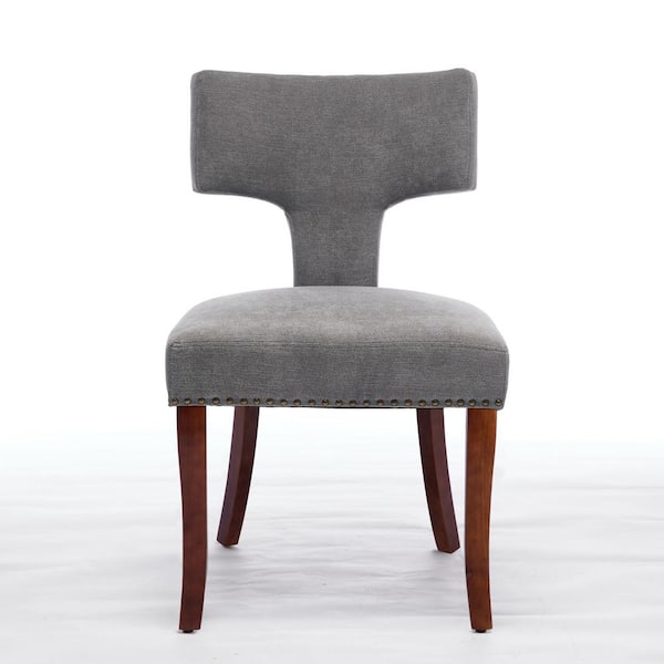 Zeus & Ruta 2-Piece Gray Steel Metal Outdoor Dining Chairs with Gray Cushions, Chair Curved Backrest with Copper, Brown Wood Legs