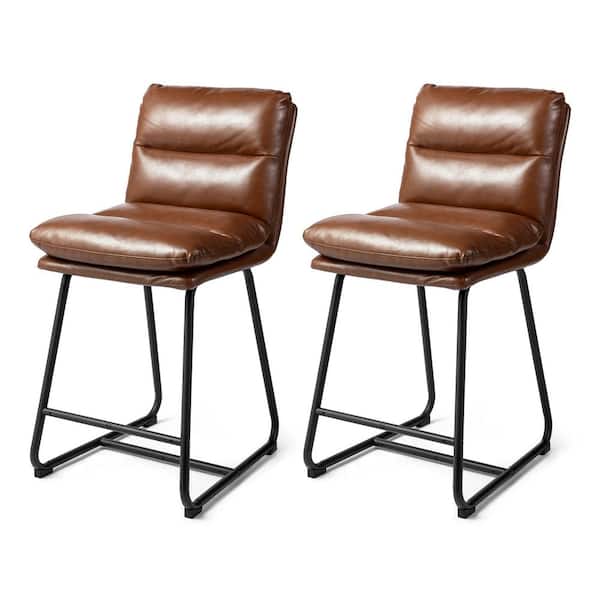 Glitzhome 37.50 in. H Modern Brown Thick Leatherette Counter Stool with Metal Legs (set of 2)