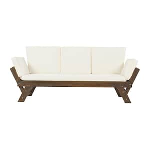 1-Piece Acacia Wood Outdoor Day Bed Sofa, Patio Side-Expandable Chaise Lounge, Adjustable Wooden Sofa with Beige Cushion