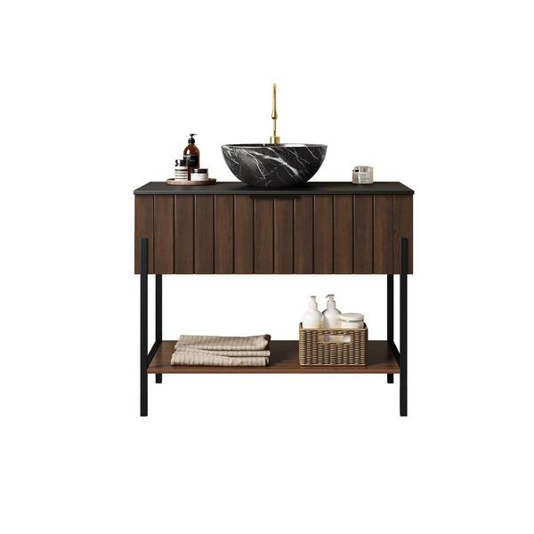 36 in. Freestanding Dark Walnut Bath Vanity with Black Bowl Ceramic Stone Pattern Top Pre-Assembled