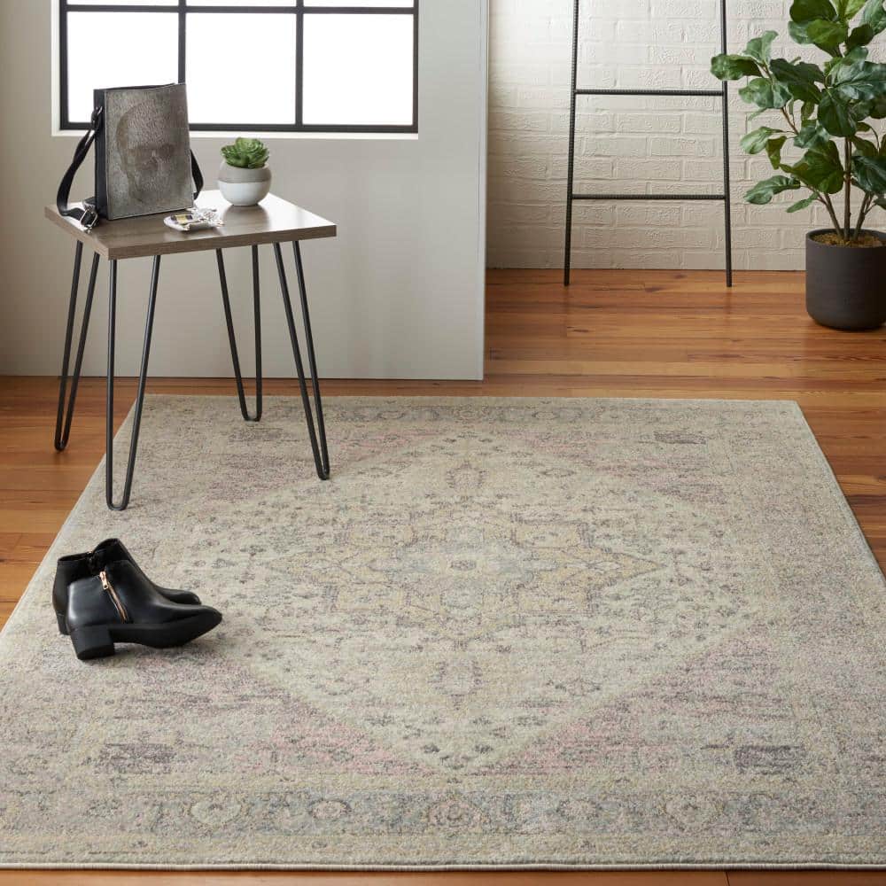 Ivory and Pink Synthetic Rectangular 6' x 9' Area Rug