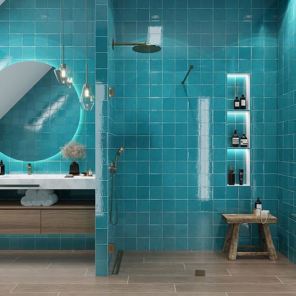 Terralis 6 in. x 6 in. Glossy Turquoise Blue Porcelain Square Wall and Floor Tile (4.65 sq. ft./case)-19 Pack