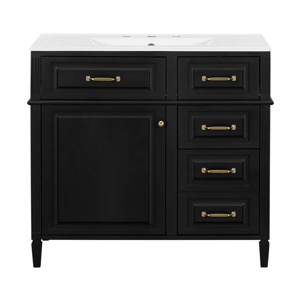 36 in. Black Wood Rectangle Vessel Sink Bathroom Vanity Combo with Flip Drawer Design, Adjustable Shelf, Metal Handles