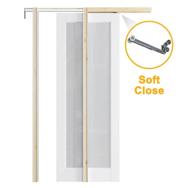 30 in. x 80 in. 1 Lite Frosted Glass Primed Door with Solid Core Pine Pocket Door Frame with Hardware and Soft Close