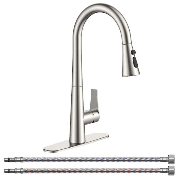 Gooseneck Single Handle Pull Down Sprayer Kitchen Faucet with 360 ° Swivel Spout in Brushed Nickel