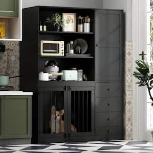 Large Dog Crate Storage Cabinet, Wooden Heavy-Duty Dog Crate Kennel with Dog Bowl, 1-Cabinet, 3-Shelves, 4-Drawers Black