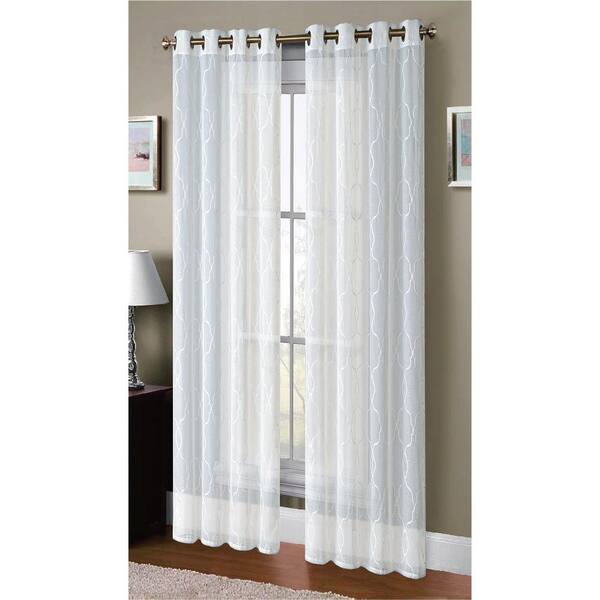 Window Elements Sheer Boho Embroidered Sheer Faux-Linen 96 in. L Extra Wide Grommet Curtain Panel Pair, White (Set of 2)