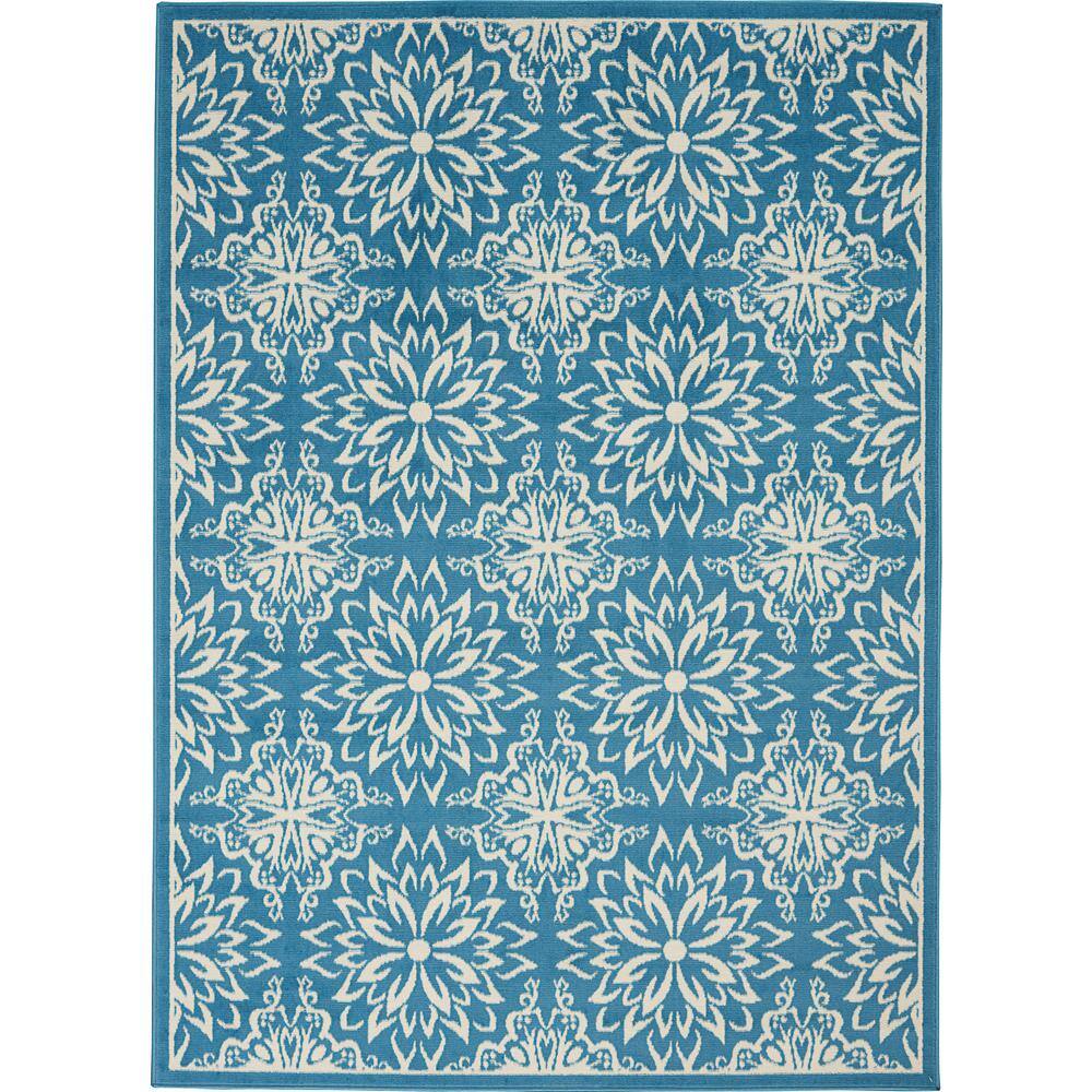 Handmade Floral Ivory & Blue Round Synthetic Area Rug, 5'3" x 7'3"