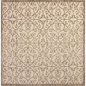 Madrid Beige/Brown 5 ft. Vintage Filigree Textured Weave Square Indoor/Outdoor Area Rug