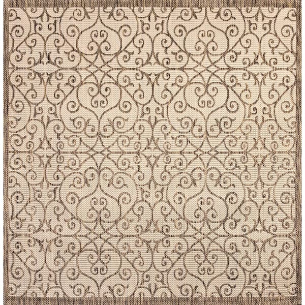 Madrid Beige/Brown 5 ft. Vintage Filigree Textured Weave Square Indoor/Outdoor Area Rug