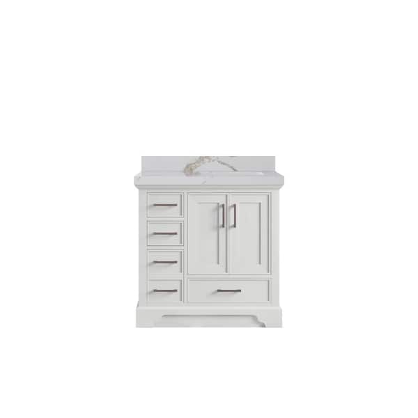 Willow Collections Charlotte 36 in. Right Offset Sink Freestanding White Bath Vanity with Calacatta Gold Qt. Top Unassembled
