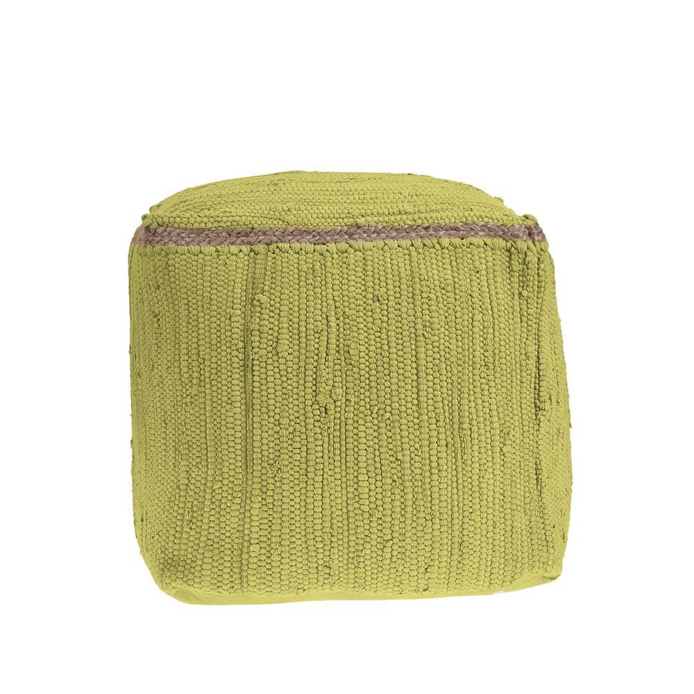 Dillion Dusky Citron Bordered Hand-Loomed Organic Cotton Pouf with Jute Bra