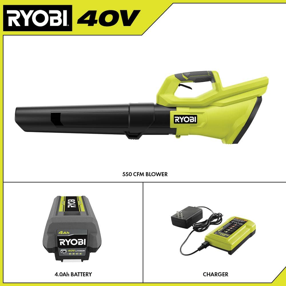 RYOBI 40V 120 MPH 550 CFM Cordless Battery Leaf Blower With 4.0 Ah Battery and Charger RY40LB01K