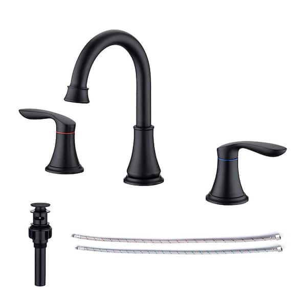 RAINLEX 8 in. Widespread Double Handle Bathroom Faucet with Drain Assembly in Matte Black