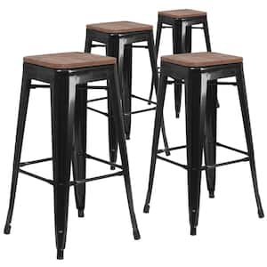 Set of 4 Gray Wooden Seat 30 Inches Bar Height Metal Bar Stools Indoor/Outdoor 