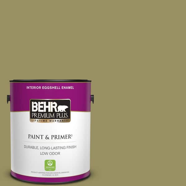 BEHR PREMIUM PLUS 1 gal. #390F-6 Tate Olive Eggshell Enamel Low Odor Interior Paint & Primer