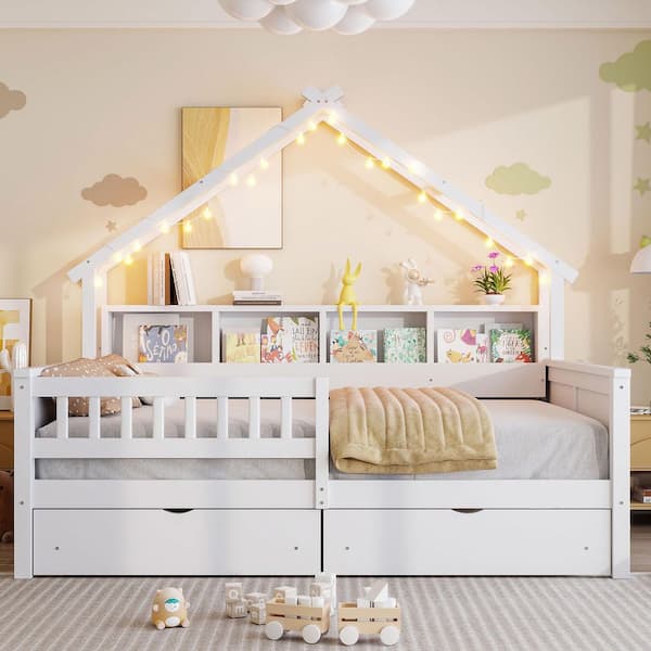 Wooden White Full Kids House Bed Frame with LED, Drawers and Guardrail