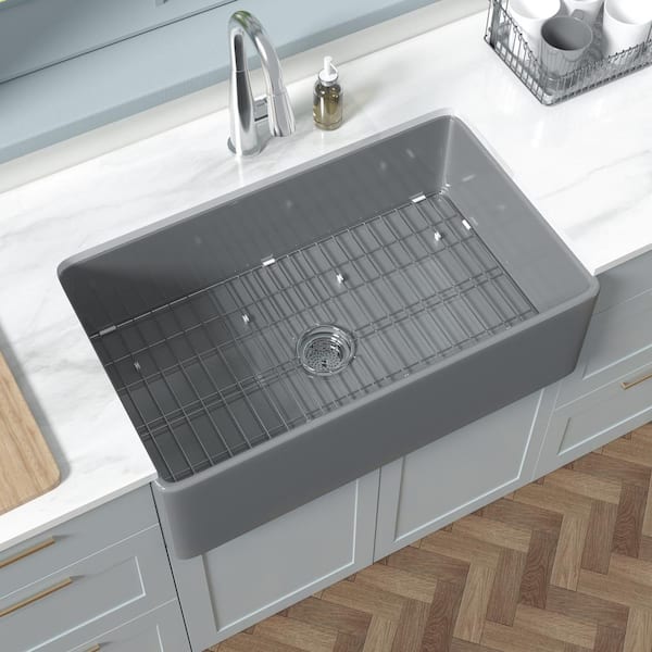 HOMLYLINK 33 in. Farmhouse Sink Single Bowl Crisp Grey Fireclay Kitchen Sink Apron Sink with Strainer and Bottom Grid