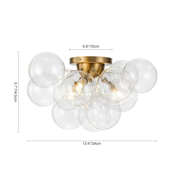 Orbis 18 in. W 3-Light Modern Brushed Gold Semi-Flush Mount Dimmable Cluster Froyer Ceiling Light with Clear Glass Shade